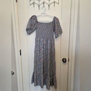 Blue Floral Smocked Maxi Maternity Dress with Puff Sleeves